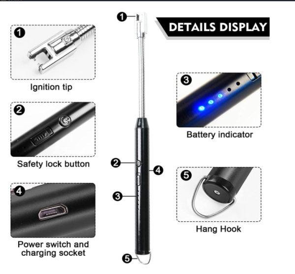 USB Arc Lighter Flameless. Windproof. 360° Flexible Neck. LED Battery Display & Safety Switch.