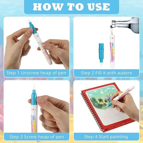 Magic Water Coloring Book for Toddlers - Reusable Water Painting Book with Pen (Random Design)