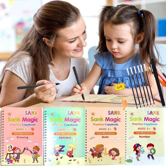 Sank Magic Book Reusable Handwriting Book Set for Kids (4 Books + Pen with 10 Refills)
