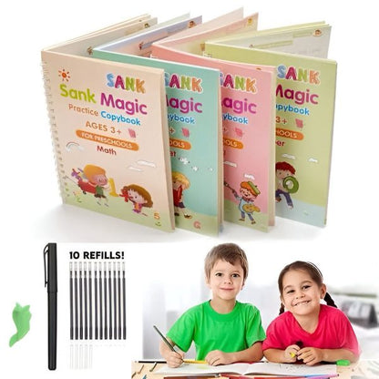 Sank Magic Book Reusable Handwriting Book Set for Kids (4 Books + Pen with 10 Refills)
