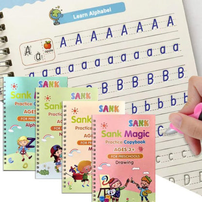 Sank Magic Book Reusable Handwriting Book Set for Kids (4 Books + Pen with 10 Refills)